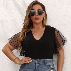 Black Ribbed Bodysuit with Mesh Polka Dot Flutter Sleeves